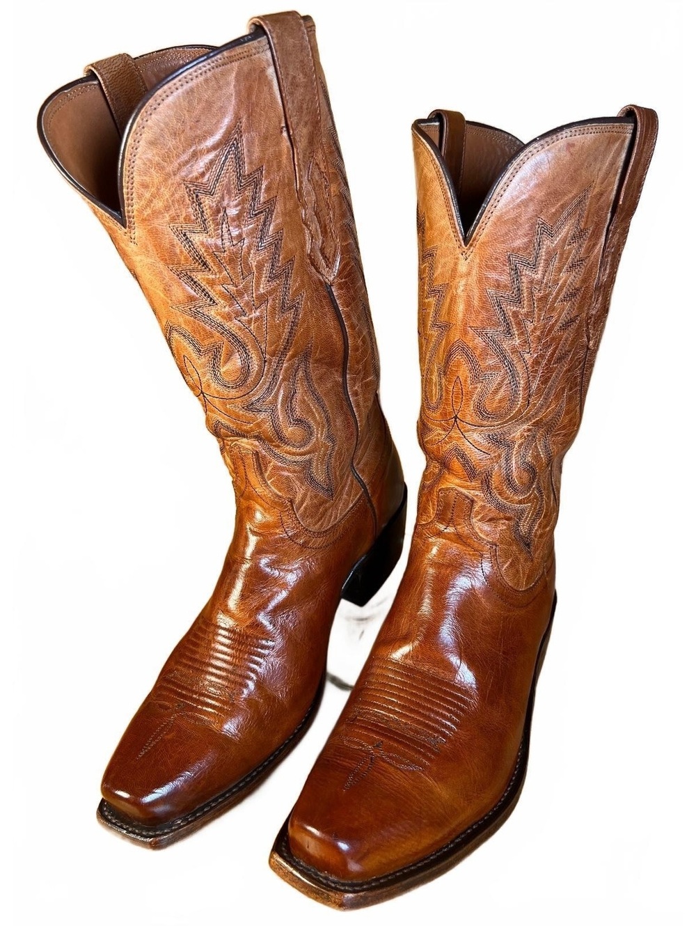 Lucchese Classic Rustic Brown Leather Cowboy Boots Embroidered Design Sz 10 EE